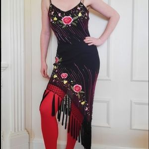 Silk slip beaded fringe dress with floral embroidery